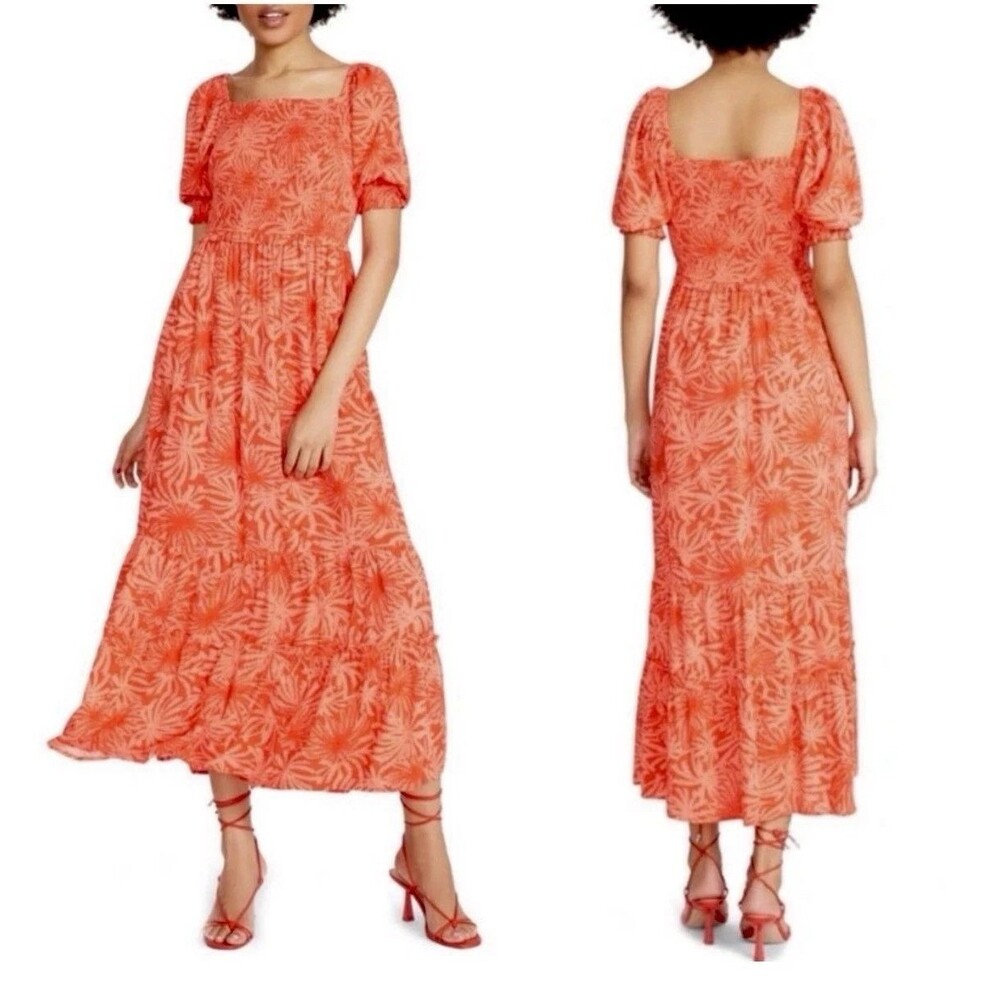 Betsey Johnson Hearts Of Palm Smocked Puff Sleeve Floral Maxi Dress Size Large